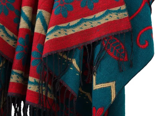 Miniatura 6 de Poncho con flecos, con estampado vintage, estilo retro, a la moda, para mujer. Capa, chal.