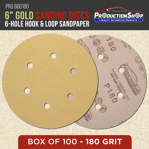 Miniatura 2 de ProductionShop Discos de lijado dorados de grano 180 de 6 pulgadas, patrón de 6 agujeros, caja de 100 – Papel de lija sin polvo con gancho y bucle