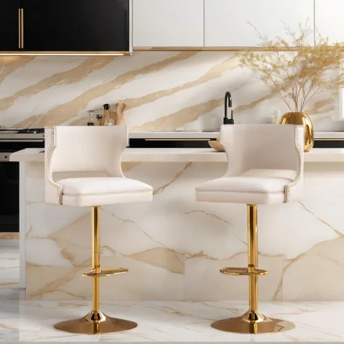 Miniatura 8 de ROCITY Juego de 2 taburetes de bar color beige con respaldo de piel sintética con base dorada, isla de cocina moderna ajustable para comedor, barra