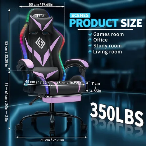 Miniatura 2 de Silla de juegos RGB con masaje y luces LED, silla de computadora ergonómica con reposapiés, silla reclinable de respaldo alto para videojuegos