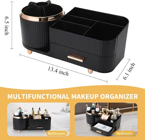 Miniatura 5 de Organizador de maquillaje para encimera con cajón, rotación de 360 grados, soporte para brochas, almacenamiento de gran capacidad, vitrinas