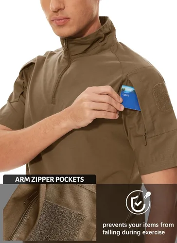 Miniatura 41 de MAGCOMSEN Camisas militares tácticas para hombre con cremallera de 1/4, manga corta, ajustada, camisa de camuflaje