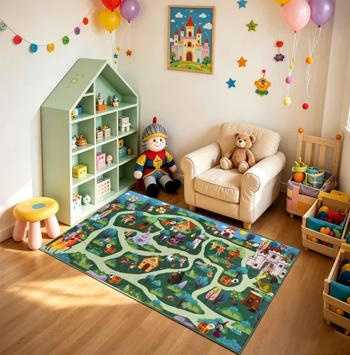 LIVEBOX Alfombra lavable para sala de juegos para niños, alfombra de juego con caminos y aventuras en el bosque de fantasía, alfombra antideslizante
