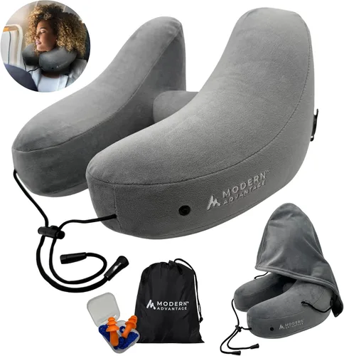Miniatura 9 de Modern Advantage Almohada inflable de viaje para aviones con capucha cómoda, soporte ajustable para el cuello, almohada ligera y compacta para Negro