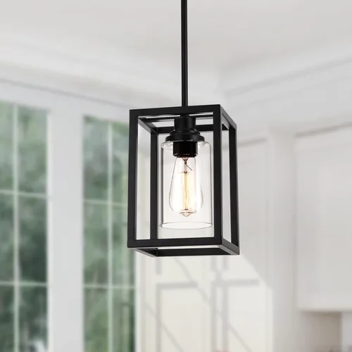 Miniatura 2 de Iluminación colgante de cocina sobre isla, lámpara colgante estilo granja de 1 luz negro mate, accesorios de luz colgante rectangulares de metal