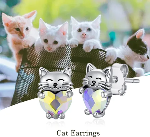 Miniatura 7 de Aretes de plata de ley 925 con diseño de gato, bonitos aretes de gato con diseño de gatito, joyería de regalo para mujeres y niñas, aretes