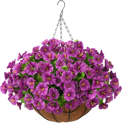 Miniatura 10 de Homsunny Plantas artificiales colgantes con cesta para exteriores, petunias falsas, de seda, para exteriores, porche, patio, balcón, jardín