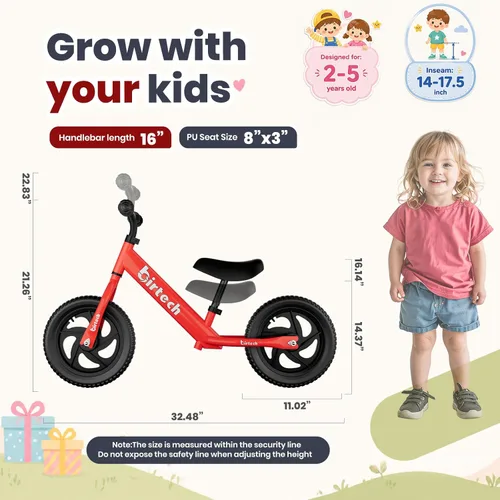Miniatura 3 de Bicicleta de equilibrio Birtech para niños de 2 a 5 años, bicicleta de 12 pulgadas para niños pequeños, bicicleta de entrenamiento sin pedal, Rojo