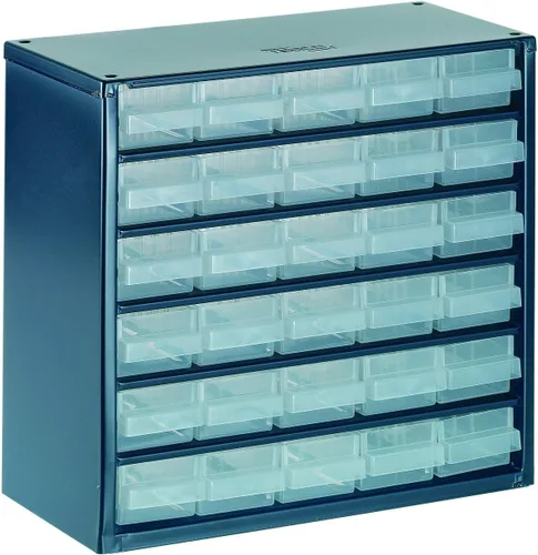 Raaco Gabinete de almacenamiento de acero, compacto de 30 cajones, cajón de plástico de polipropileno transparente, organizador de piezas pequeñas,