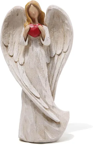 Miniatura 8 de Hodao Figura de ángel con corazón rojo, aspecto tallado en madera de resina de 5.1 pulgadas con alas de alambre de metal, decoración