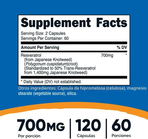 Miniatura 2 de Nutricost Resveratrol 0.017 onzas; 120 Cápsulas – 50% Trans-Resveratrol, 1 botella, 1
