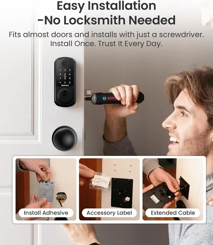 Miniatura 6 de DESLOC Cerradura inteligente de huellas dactilares B200 con 2 perillas, juego de cerradura de puerta delantera sin llave, cerrojo de seguridad