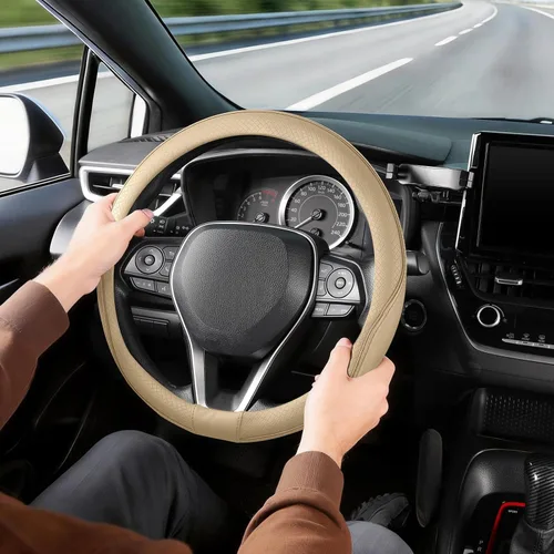 Miniatura 2 de SEG Direct Funda para volante de 14.5-15 pulgadas (14.6-15.4 in) tamaño mediano, piel de microfibra, agarre cómodo antideslizante, se adapta a Beige