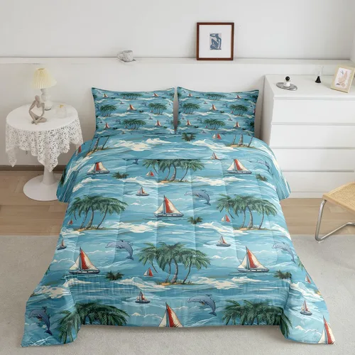Miniatura 12 de Erosebridal Juego de edredón de tiburón, tamaño individual, juego de ropa de cama de vida oceánica para niños y niñas, color verde azulado