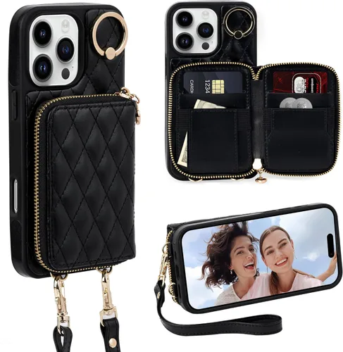 Miniatura 21 de Funda tipo cartera para iPhone 15 de 6.1 pulgadas, bolso cruzado con cremallera y correa para la muñeca con cordón para mujer, tarjetero con bloqueo