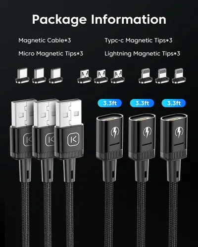 Miniatura 7 de Kuulaa Paquete de 3 cables de carga magnéticos, cable Lightning magnético, cargador de teléfono magnético de 3 A, carga rápida con puntas de carga 3
