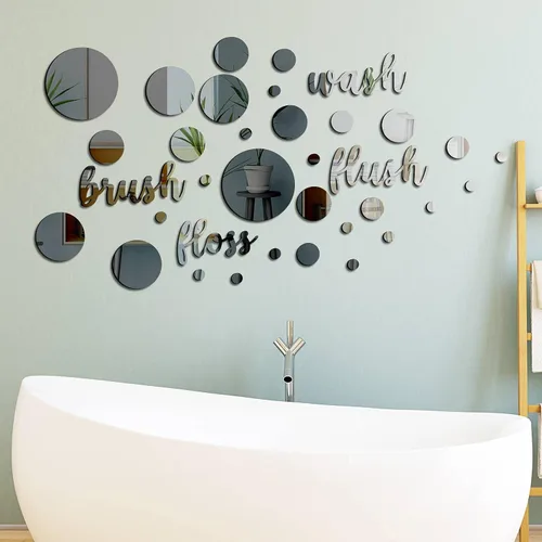 Nuanchu 30 piezas de adhesivos para pared de baño, pegatinas de cepillo, lavado, enjuague, hilo dental, espejos redondos 3D, adhesivo de pared