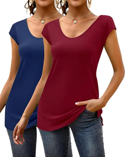 Miniatura 2 de Paquete de 2 camisetas de manga casquillo para mujer, ajuste holgado, casual, cuello en V, básicas, elegantes, camisetas sin mangas, camisetas tipo