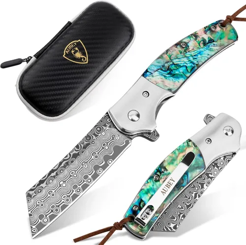 Miniatura 13 de Cuchillo de bolsillo AUBEY de Damasco, hoja de acero de Damasco de 3.34" con molino hueco, cuchillo plegable con rodamiento de bola, mango