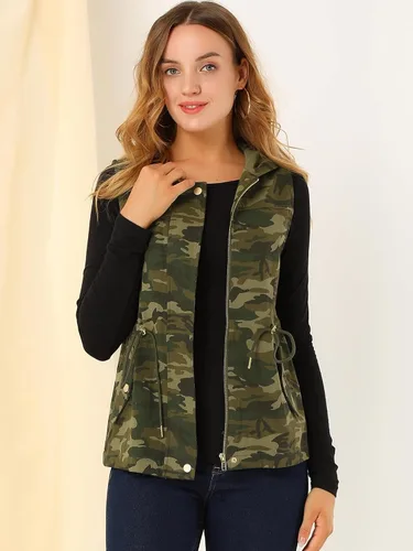 Miniatura 3 de Allegra K Chaleco de camuflaje con capucha y cordón en la cintura para mujer