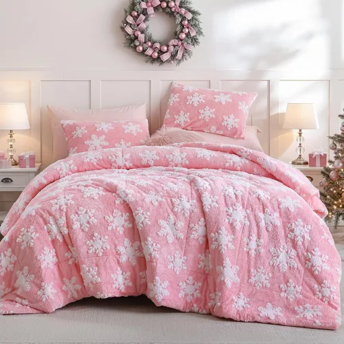 Miniatura 11 de JANZAA - Juego de ropa de cama navideña tamaño matrimonial, juego de edredón de terciopelo color esmeralda con copos de nieve blancos