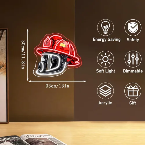 Miniatura 5 de Mutank Letrero de neón para casco de extinción de incendios, luz de neón de arte pop alimentada por USB, LED, regulable, para decoración de pared