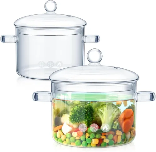 Uiifan Juego de 2 ollas de vidrio con tapa y asa, resistentes al calor, 44 onzas y 50 onzas, juego de utensilios de cocina de vidrio transparente