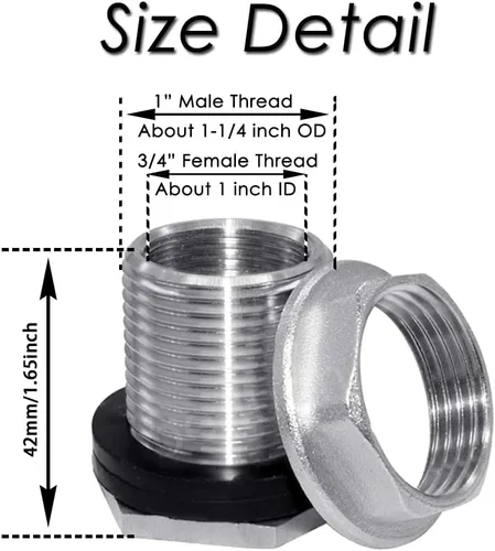 Miniatura 2 de Beduan 1 NPS macho a 3/4 NPT hembra de acero inoxidable mamparo conector de tanque de agua a granel para barril de tanque de agua (paquete de 1)