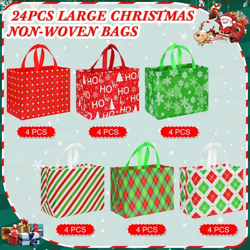 Miniatura 6 de Sanwuta 24 Bolsas de Navidad a Granel para Regalos 12.8 x 9.8 x 6.7 Pulgadas Bolsas Grandes de Transporte para Comestibles con Asas Rojas Verdes a
