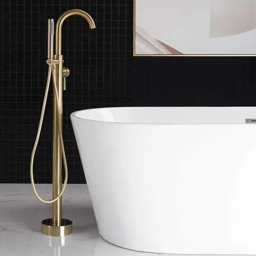 Miniatura 10 de WOODBRIDGE Grifo de llenado de bañera independiente contemporáneo de una sola manija con ducha de mano en acabado dorado cepillado, F0007BGRD