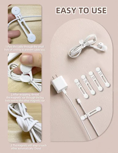 Miniatura 5 de Kanemc Paquete de 8 lazos giratorios magnéticos, atadura de cable magnética de silicona reutilizable para USB, auriculares, cargador, cables