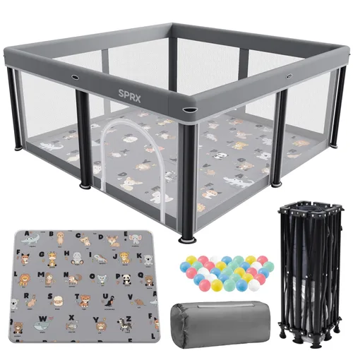 Corralito plegable para bebés con alfombra, 50"×50" corralito plegable para bebés y niños pequeños, corral de juegos de seguridad para niños en