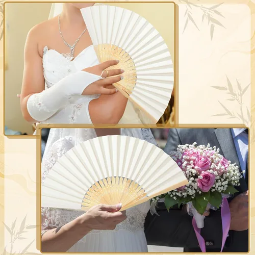 Miniatura 4 de Roowest Paquete de 50 abanicos plegables de papel hechos a mano con bolsas de regalo, tarjeta de agradecimiento, ventilador plegable de mano de Beige