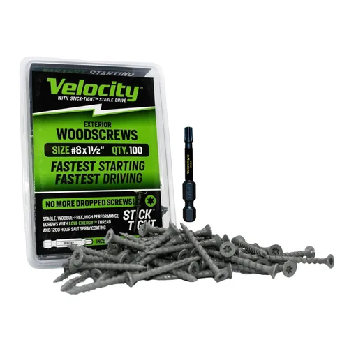 Miniatura 12 de Velocity - Tornillos para madera exteriores 1 1/2 y puntas Torx T20 (talla #8), tecnología adherente, fabricado con acero al carbono, incluye broca
