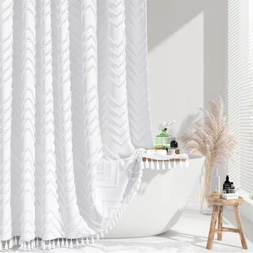 Miniatura 11 de Dynamene - Cortina de ducha de tela bohemia con rayas con chebrón en relieve, juego de cortina angosta para baño, media cortina impermeable