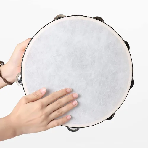 Miniatura 6 de Javik Pandereta instrumento musical para adultos, panderetas de mano de 10 pulgadas tambor de madera con jingles de metal, instrumentos de percusión