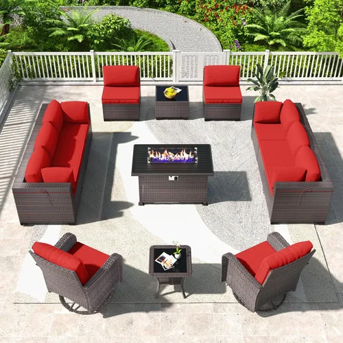 Miniatura 20 de Kullavik Juego de 13 muebles de patio al aire libre con mesa de fogata de gas propano de 43 pulgadas, 55000 BTU, mimbre de polietileno, sofá Arena