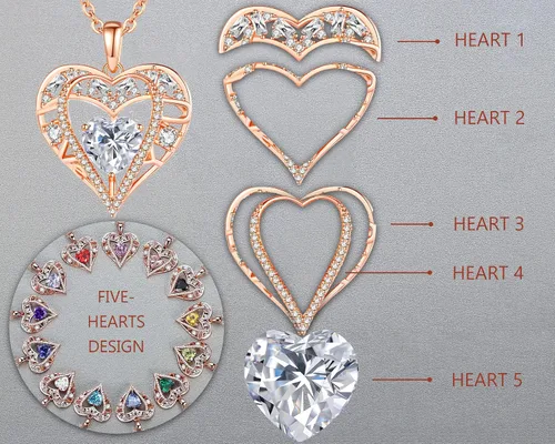 Miniatura 47 de Collar de cristal de 5 corazones, chapado en oro rosa de 18 quilates, colgante con cadena de plata de ley 925 de 18 + 2 pulgadas, joyería de piedra