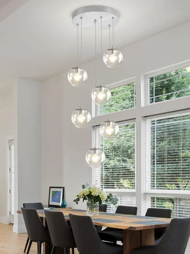 Miniatura 39 de ykolupty Escalera LED de 10 luces LED moderna con globo de cristal, lámpara colgante grande para techos altos, accesorios de iluminación de entrada
