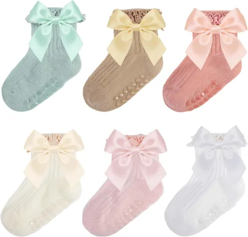 Miniatura 16 de Calcetines para bebé niña con agarre antideslizante con volantes con lazos, algodón suave, calcetines con empuñaduras para bebé recién nacido