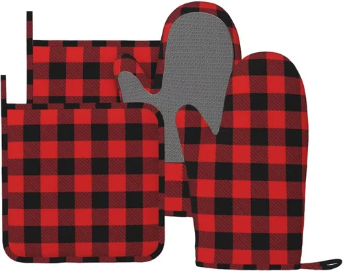 Manoplas de horno y soportes para ollas a cuadros de búfalo negro y rojo, juego de 4 piezas, guantes de horno de silicona a cuadros negros y rojos