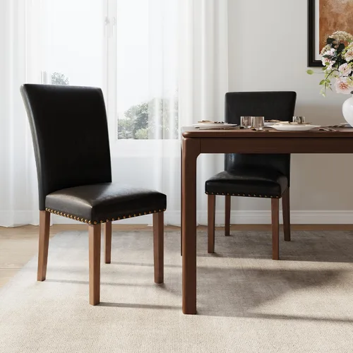 Miniatura 21 de Juego de 2 sillas de comedor de granja, respaldo alto con patas de madera y ribete de cabeza de clavo, silla de comedor de tela moderna
