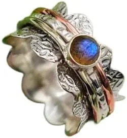 KAPISH - Anillo giratorio de labradorita anillo de meditación de tres tonos anillo de ansiedad anillo antiestrés banda de preocupación de plata de