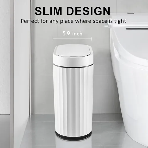Miniatura 5 de ELPHECO Basurero de baño con tapa de 2 galones con sensor pequeño, delgado y inteligente, papelera automática impermeable, cubo de basura estrecho