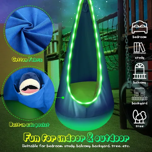 Miniatura 6 de Asiento de columpio colgante para niños con luz, columpio colgante mejorado para niños con luces LED, silla de columpio colgante sensorial