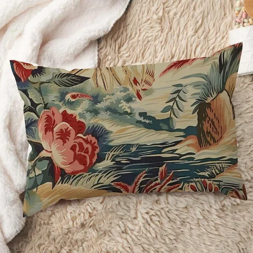 Miniatura 9 de ArogGeld Funda de cojín lumbar asiática de estilo chinoiserie, de lino marrón, pájaro y flor, funda de almohada asiática para sala de estar, A-6