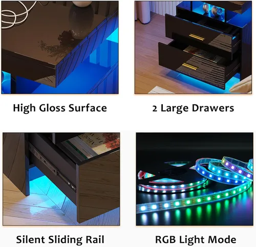 Miniatura 7 de Mesita de noche LED con estación de carga, moderna mesita de noche negra con luz de sensor corporal, mesita de noche con 2 cajones de almacenamiento
