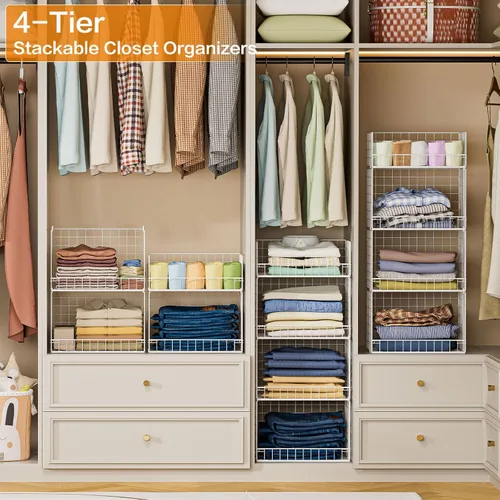 Miniatura 2 de Yociyoga Organizadores de armario apilables de 4 niveles y estantes de almacenamiento, sistema organizador de estantes plegables para armario, Blanco