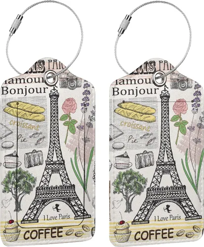 Juego de 2 etiquetas de equipaje para maletas de cuero de la Torre Eiffel, con lazo de acero inoxidable, cubierta de privacidad, etiqueta de