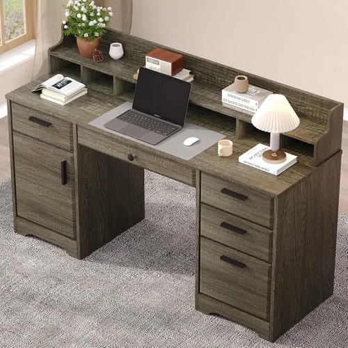 Miniatura 8 de Escritorio ejecutivo de 58 pulgadas con cajones de archivos, escritorio para computadora con almacenamiento, escritorio rústico con estantes